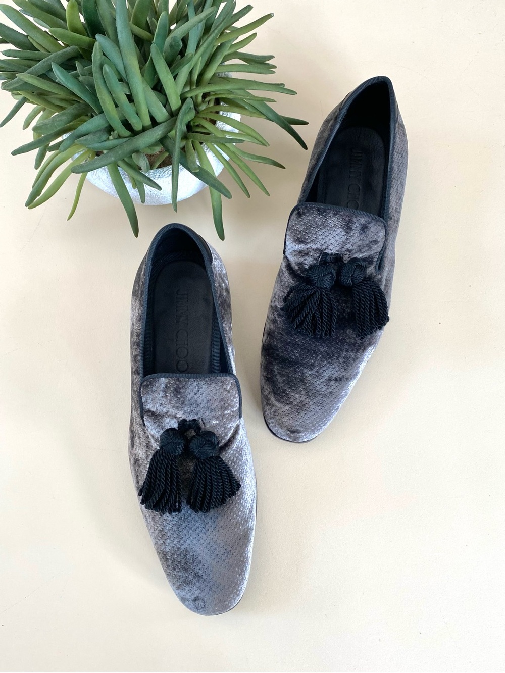 Jimmy Choo - Foxley Metallic Velvet Loafers with Black Tassels + Box & Dust Bags